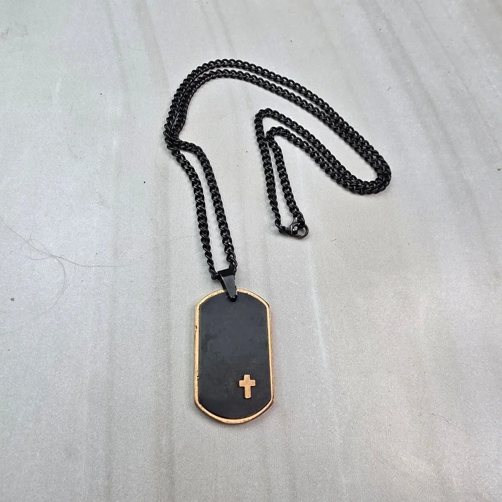 Mens Stainless Steel Black Dog Tag Cross Pendant Necklace Curb Chain Two Tone‎